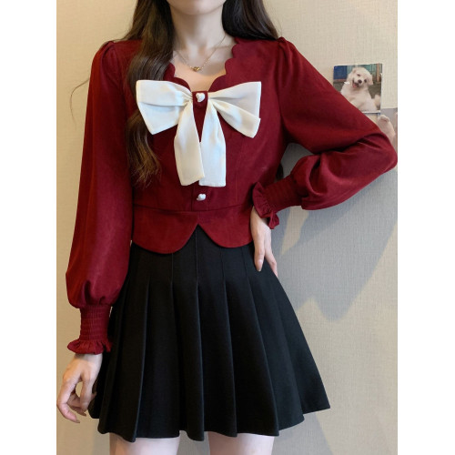 法式小香風時尚短款上衣秋季新款高級設計感氣質修身蝴蝶結襯衫潮