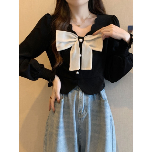 法式小香風時尚短款上衣秋季新款高級設計感氣質修身蝴蝶結襯衫潮