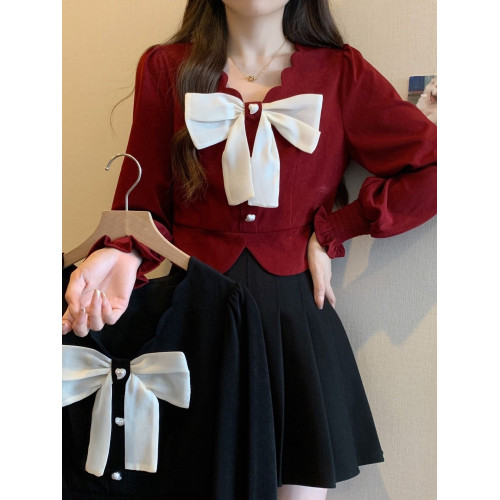 法式小香風時尚短款上衣秋季新款高級設計感氣質修身蝴蝶結襯衫潮