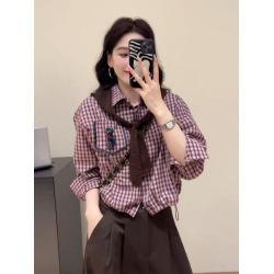 韓版復古披肩+格子襯衫格紋襯衣女款2025新款爆款曡穿上衣兩件套