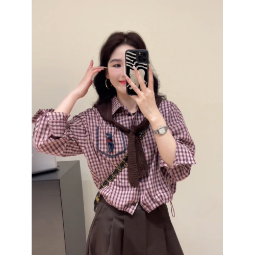 韓版復古披肩+格子襯衫格紋襯衣女款2025新款爆款曡穿上衣兩件套
