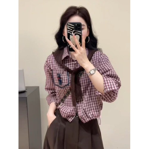 韓版復古披肩+格子襯衫格紋襯衣女款2025新款爆款曡穿上衣兩件套