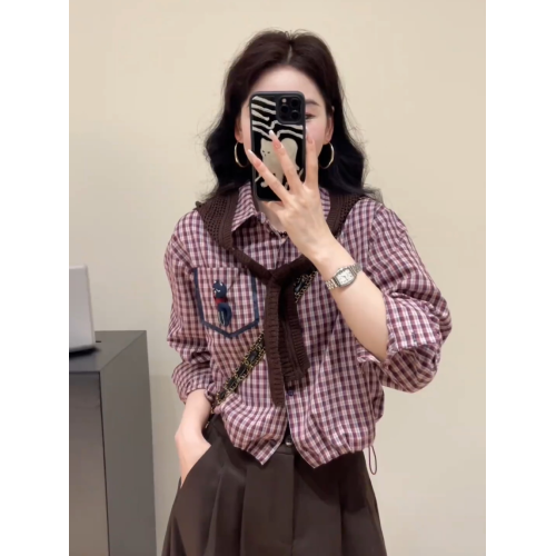 韓版復古披肩+格子襯衫格紋襯衣女款2025新款爆款曡穿上衣兩件套