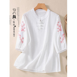 夏季新款新中式復古盤釦唐裝立領上衣刺綉棉麻寬鬆大碼中袖襯衫女