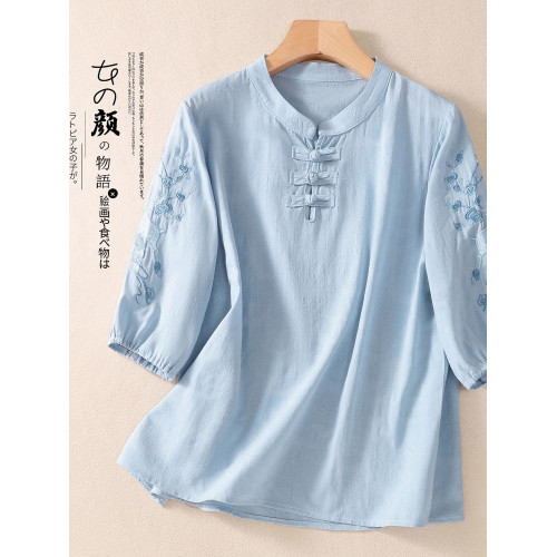 夏季新款新中式復古盤釦唐裝立領上衣刺綉棉麻寬鬆大碼中袖襯衫女