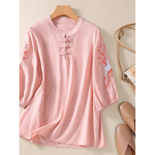 夏季新款新中式復古盤釦唐裝立領上衣刺綉棉麻寬鬆大碼中袖襯衫女