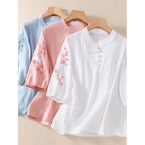 夏季新款新中式復古盤釦唐裝立領上衣刺綉棉麻寬鬆大碼中袖襯衫女