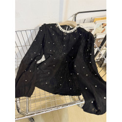 重工釘珠法式圓領黑色蕾絲襯衫女2025春減齡時髦氣質提花小衫上衣