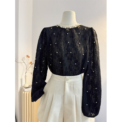 重工釘珠法式圓領黑色蕾絲襯衫女2025春減齡時髦氣質提花小衫上衣