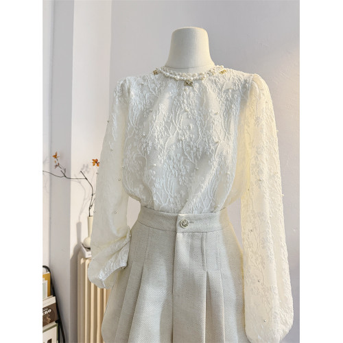 重工釘珠法式圓領黑色蕾絲襯衫女2025春減齡時髦氣質提花小衫上衣