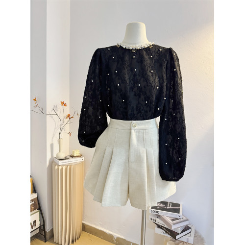 重工釘珠法式圓領黑色蕾絲襯衫女2025春減齡時髦氣質提花小衫上衣