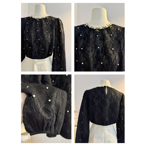 重工釘珠法式圓領黑色蕾絲襯衫女2025春減齡時髦氣質提花小衫上衣