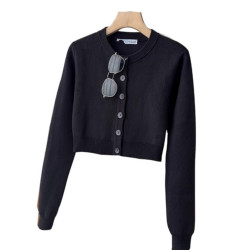 南油高奢女裝黑色長袖短款針織毛衣秋冬高級感開衫外套上衣