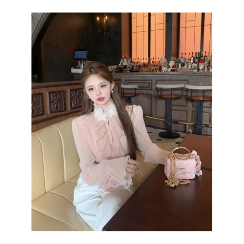 實拍實價~設計感荷葉邊拼接襯衫法式輕奢喇叭袖珠子立領雪紡上衣