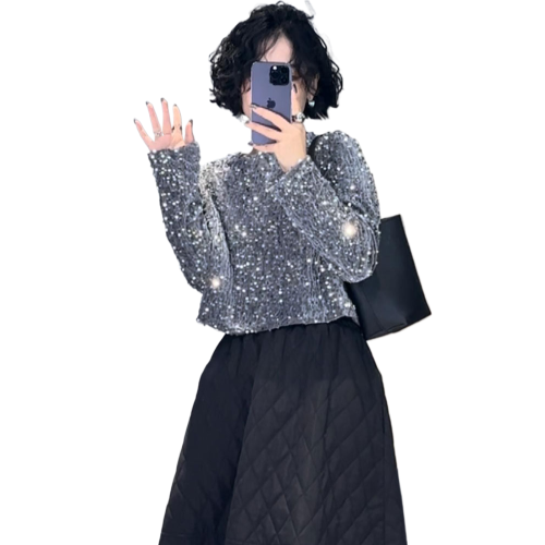 歐洲站亮片圓領襯衫2026新款春款女裝高級感百搭高級輕奢短款襯衣