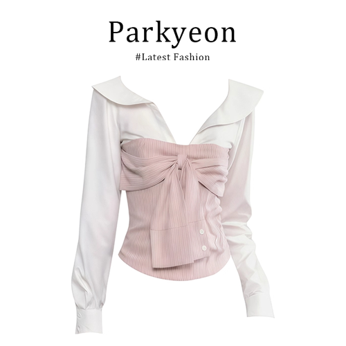 法式溫柔風假兩件系帶條紋上衣女2025新款秋季甜美設計感顯瘦上衣