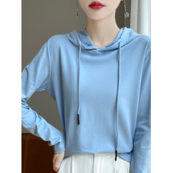 絲光純棉連帽衛衣長袖t恤女26夏秋薄款帶帽打底衫時尚百搭秋衣潮
