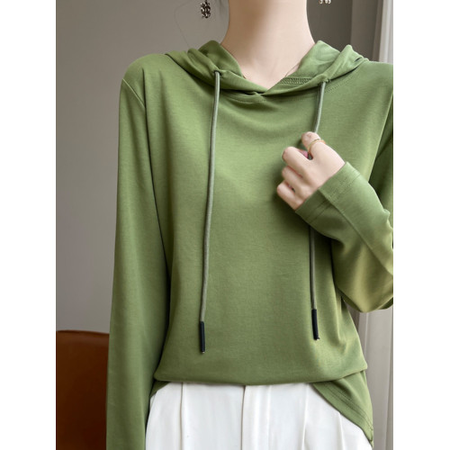 絲光純棉連帽衛衣長袖t恤女26夏秋薄款帶帽打底衫時尚百搭秋衣潮