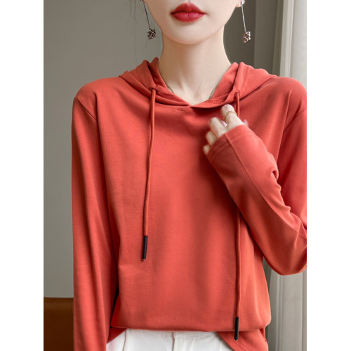 絲光純棉連帽衛衣長袖t恤女26夏秋薄款帶帽打底衫時尚百搭秋衣潮