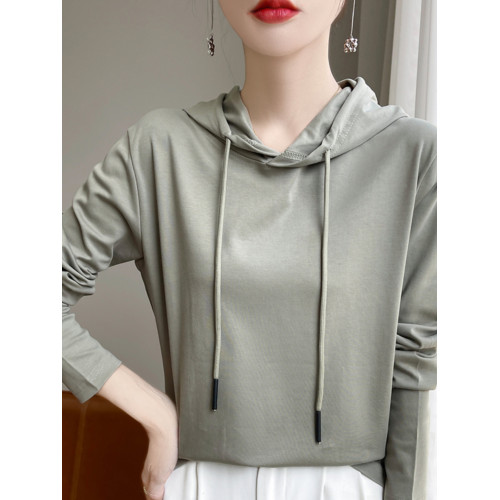 絲光純棉連帽衛衣長袖t恤女26夏秋薄款帶帽打底衫時尚百搭秋衣潮