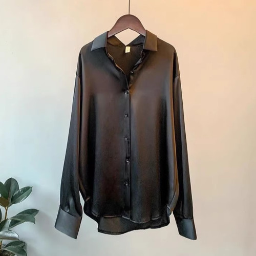 黑色緞面醋酸真絲滑面襯衫女設計感春秋垂感職業襯衣防曬開衫外套