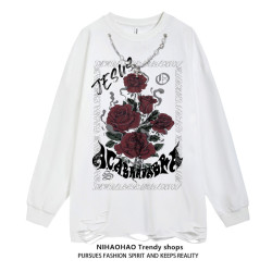 NIHAOHAO原創潮牌美式復古水洗做舊長袖T恤破洞小衆男女BF風衛衣