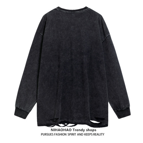 NIHAOHAO原創潮牌美式復古水洗做舊長袖T恤破洞小衆男女BF風衛衣