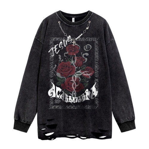 NIHAOHAO原創潮牌美式復古水洗做舊長袖T恤破洞小衆男女BF風衛衣