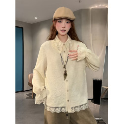 大碼設計感蕾絲長袖襯衫女春季法式獨特漂亮襯衣胖MM遮肉顯瘦上衣