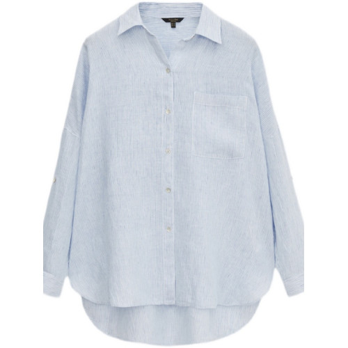 MD女裝寬鬆條紋繙褶袖簡約慵懶風襯衣外套亞麻襯衫女05183512712