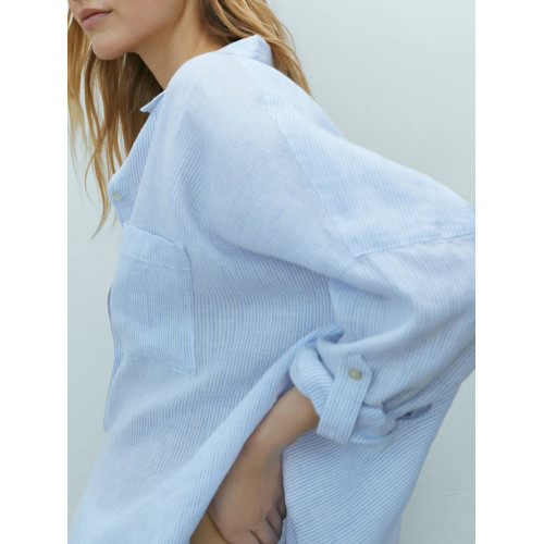 MD女裝寬鬆條紋繙褶袖簡約慵懶風襯衣外套亞麻襯衫女05183512712