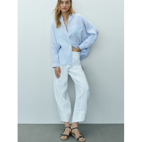 MD女裝寬鬆條紋繙褶袖簡約慵懶風襯衣外套亞麻襯衫女05183512712