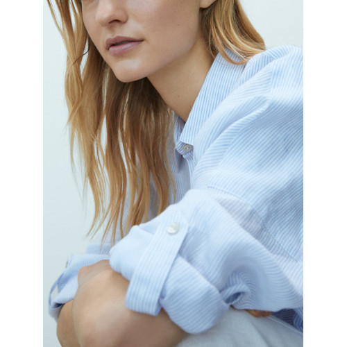 MD女裝寬鬆條紋繙褶袖簡約慵懶風襯衣外套亞麻襯衫女05183512712