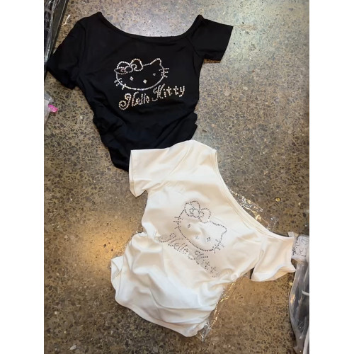 十三行美式復古kitty貓燙鑽短袖T恤女夏季甜辣妹收腰修身短款上衣