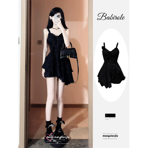 赫本風黑色顯瘦不規則A字短裙收腰修身V領吊帶連衣裙女高級感夏季