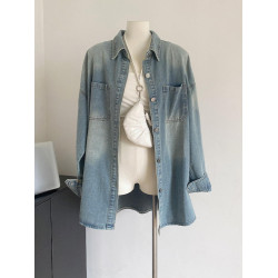 LINAN 牛仔長袖襯衫韓版寬鬆水洗牛仔外套女秋季復古時尚薄款上衣