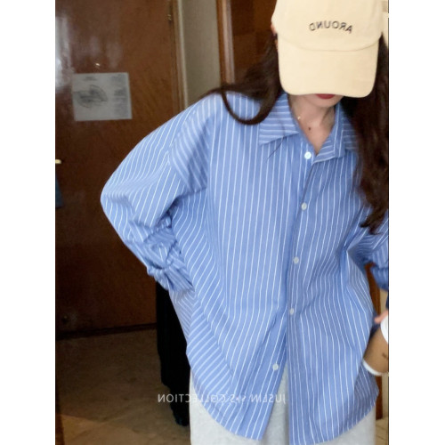 2026春秋粉色條紋減齡寬鬆百搭襯衫女韓版設計感溫柔慵懶圓領襯衣