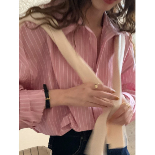 2026春秋粉色條紋減齡寬鬆百搭襯衫女韓版設計感溫柔慵懶圓領襯衣