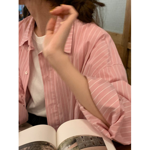 2026春秋粉色條紋減齡寬鬆百搭襯衫女韓版設計感溫柔慵懶圓領襯衣