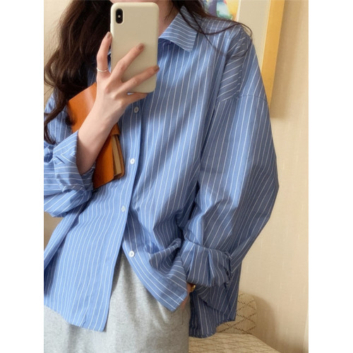 2026春秋粉色條紋減齡寬鬆百搭襯衫女韓版設計感溫柔慵懶圓領襯衣