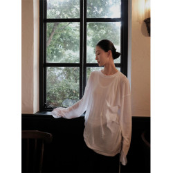 Turn right/陳大腿 薄款長袖T恤女防曬罩衫寬鬆圓領抽繩設計上衣