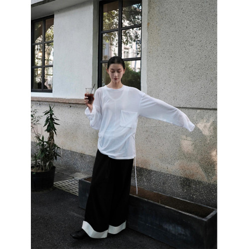 Turn right/陳大腿 薄款長袖T恤女防曬罩衫寬鬆圓領抽繩設計上衣