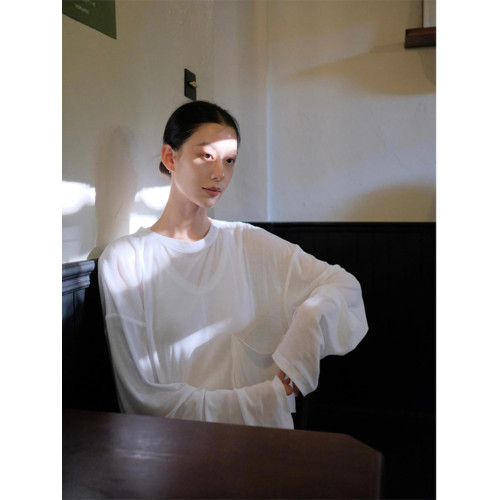 Turn right/陳大腿 薄款長袖T恤女防曬罩衫寬鬆圓領抽繩設計上衣