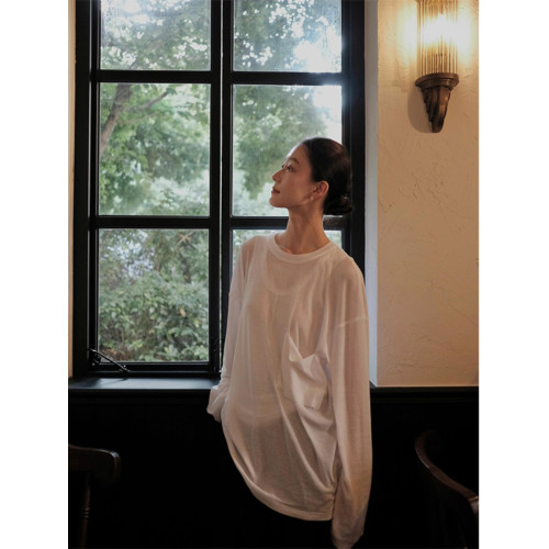 Turn right/陳大腿 薄款長袖T恤女防曬罩衫寬鬆圓領抽繩設計上衣