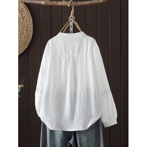 歐貨設計感V領白襯衫女長袖高級輕奢感上衣寬鬆休閒純棉大碼秋季