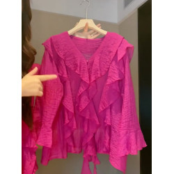 2025年夏新款法式氣質V領顯瘦荷葉邊甜美小衆設計感防曬襯衫上衣