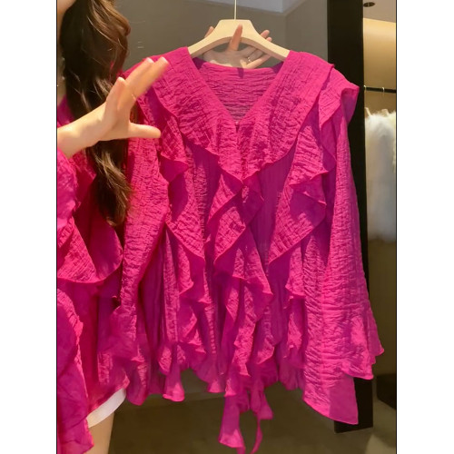 2025年夏新款法式氣質V領顯瘦荷葉邊甜美小衆設計感防曬襯衫上衣