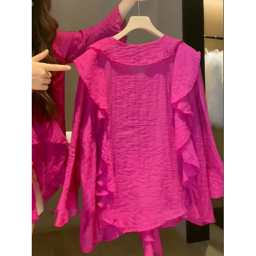 2025年夏新款法式氣質V領顯瘦荷葉邊甜美小衆設計感防曬襯衫上衣