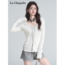 拉夏貝爾甜酷風v領白色連帽長袖t恤女辣妹開衫上衣設計感防曬罩衫