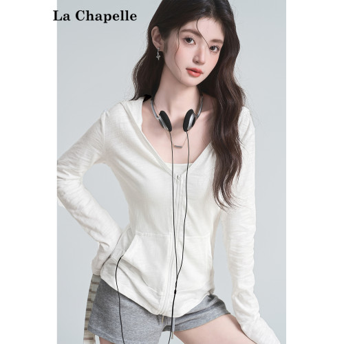 拉夏貝爾甜酷風v領白色連帽長袖t恤女辣妹開衫上衣設計感防曬罩衫